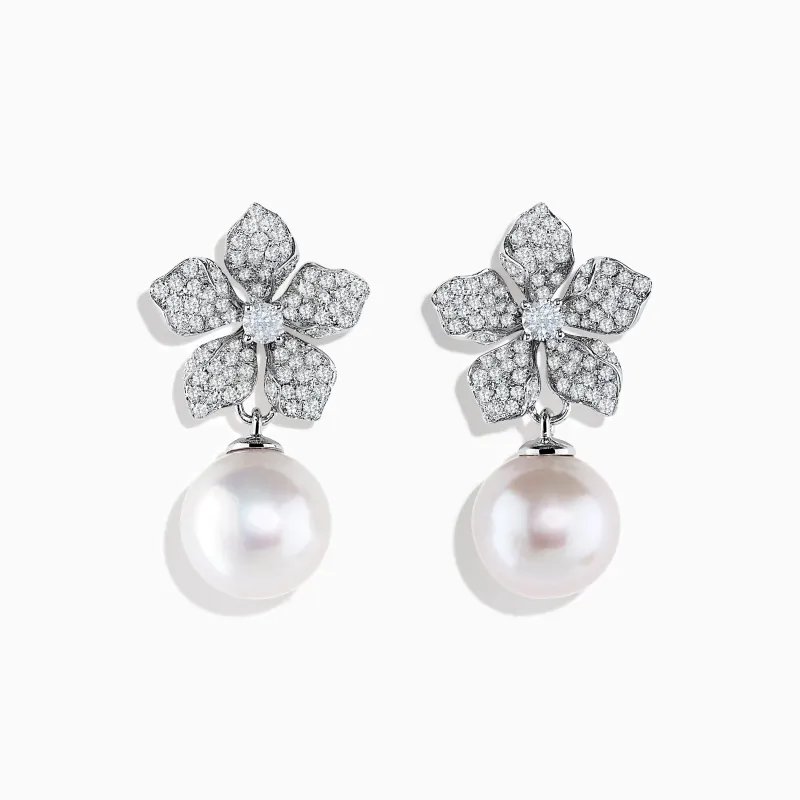 14K White Gold Diamond Flower and Fresh Water Pearl Drop Earrings sold by Effy