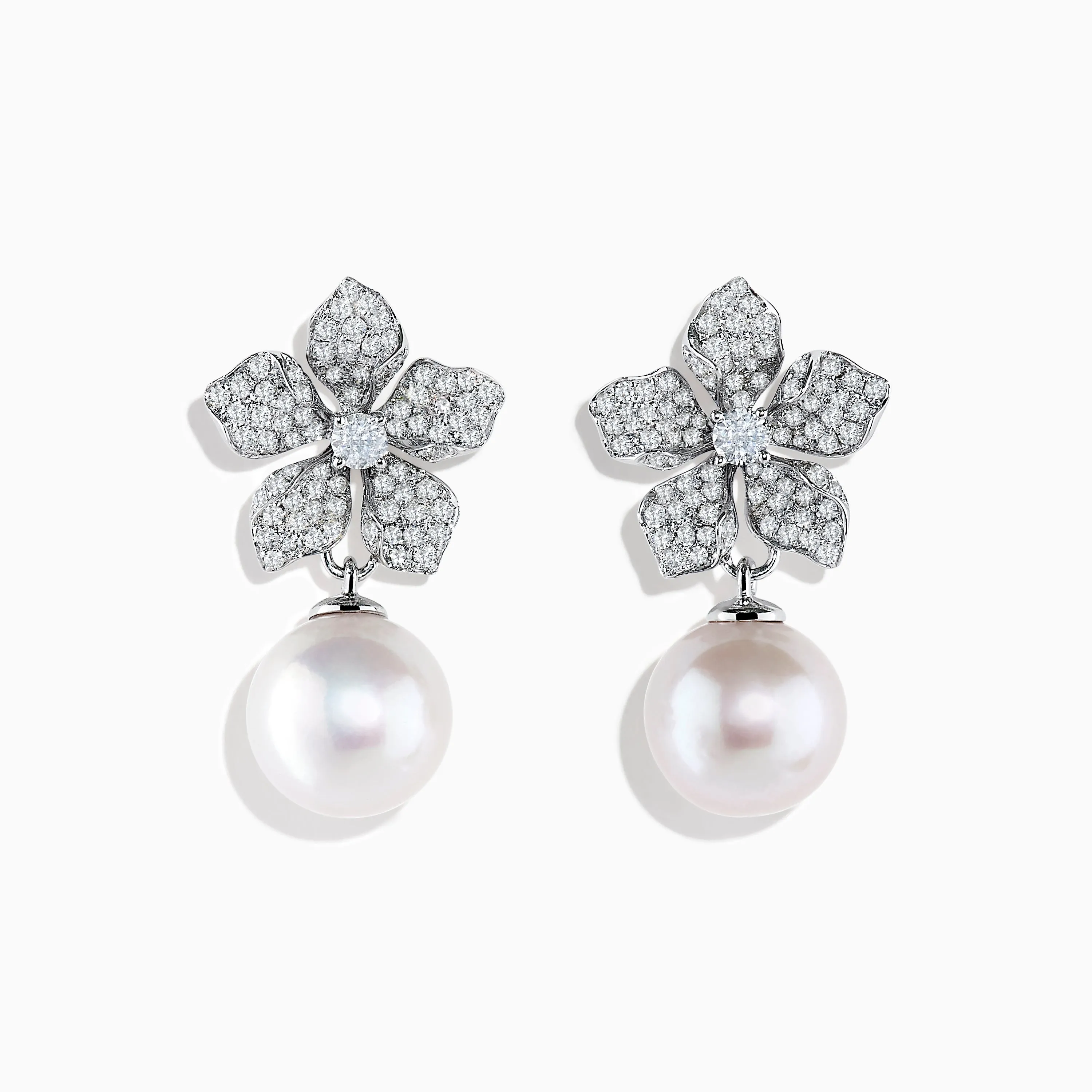 14K White Gold Diamond Flower and Fresh Water Pearl Drop Earrings sold by Effy