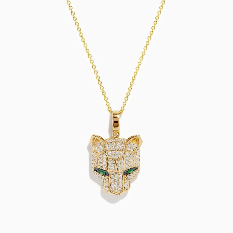 Signature 14K Yellow Gold Emerald and Diamond Panther Pendant sold by Effy