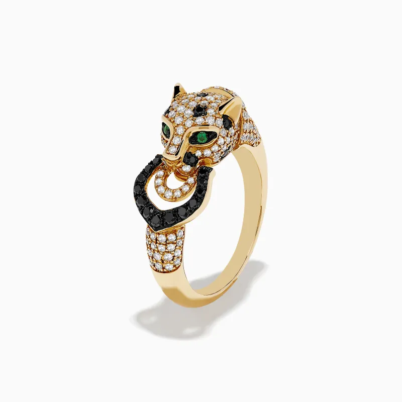 Signature 14K Yellow Black and White Diamond and Emerald Panther Ring sold by Effy