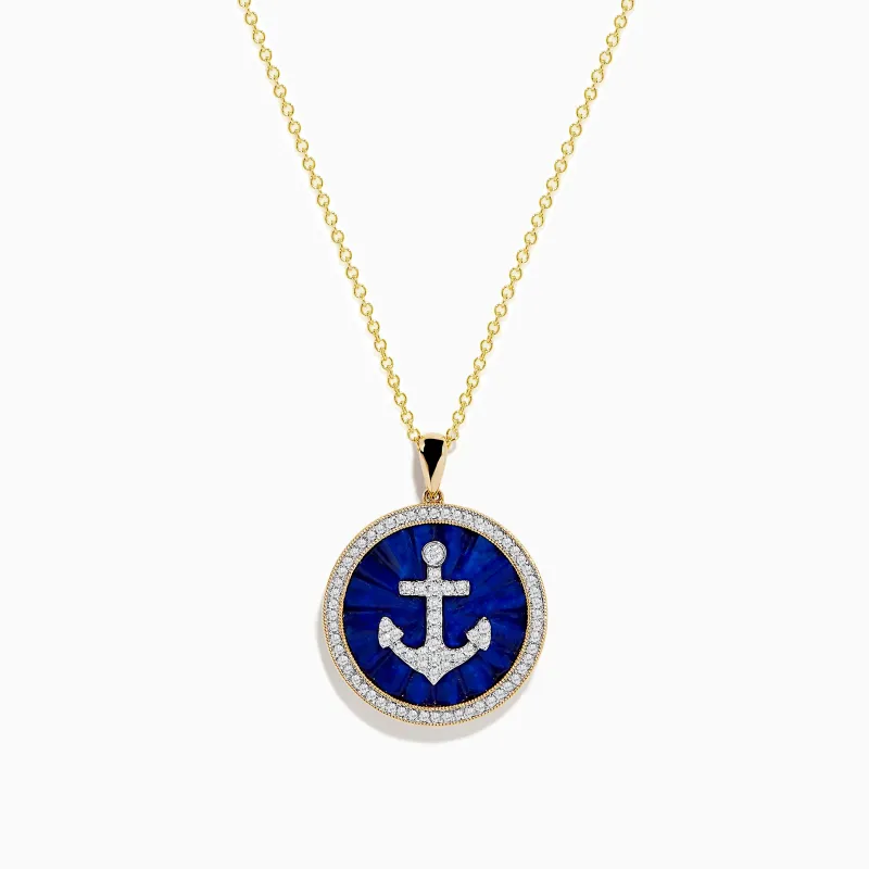 Seaside 14K Yellow Gold Lapis and Diamond Anchor Pendant sold by Effy
