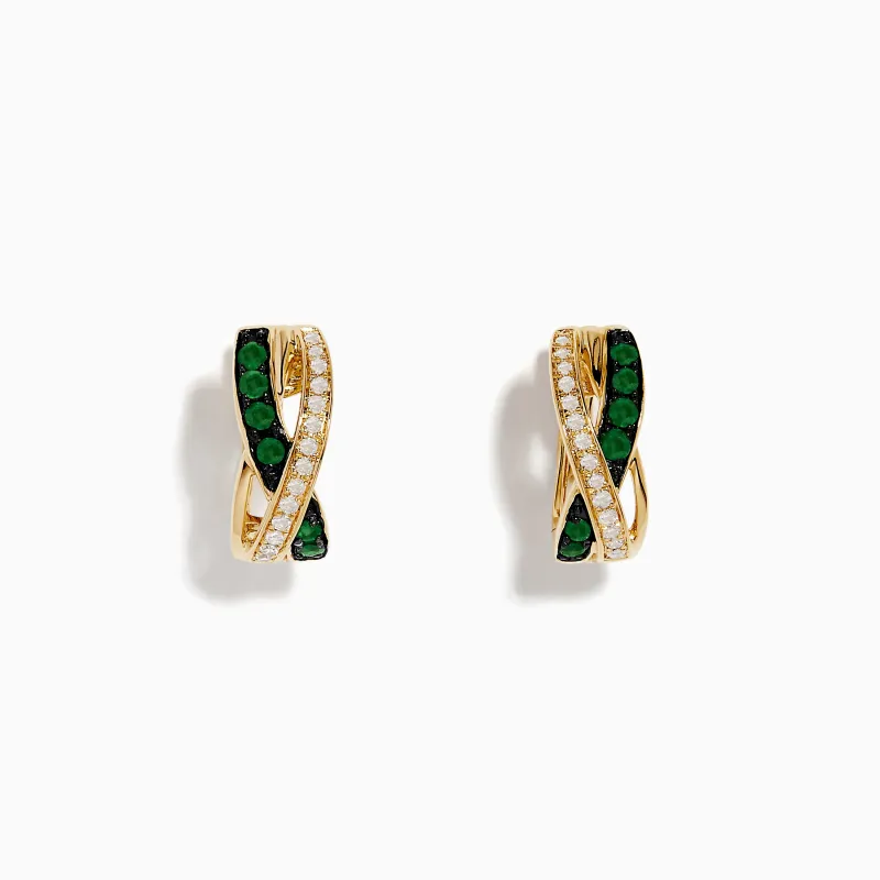 14K Yellow Gold Emerald and Diamond Crossover Hoop Earrings 1/2" sold by Effy