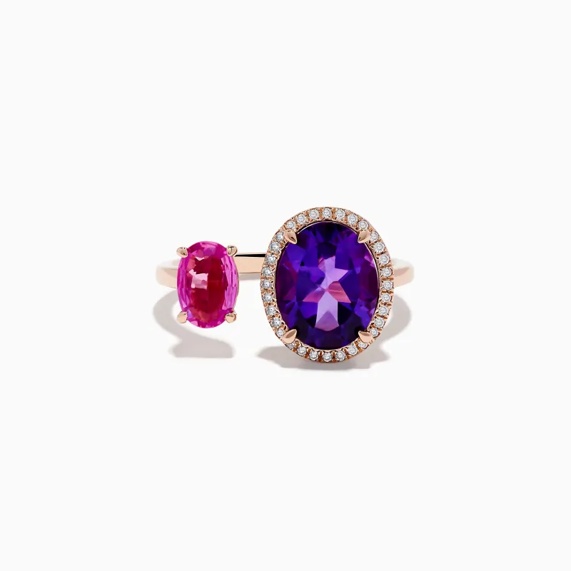 14K Rose Gold Amethyst, Pink Sapphire, and Diamond Toi Et Moi Ring sold by Effy
