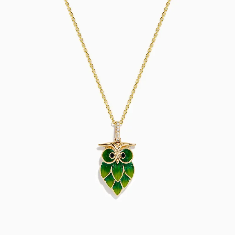 14K Gold Diamond Green and Yellow Enamel Owl Pendant sold by Effy