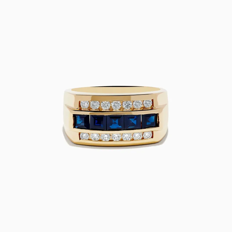 Men's 14k Yellow Gold Blue Sapphire and Diamond Ring sold by Effy
