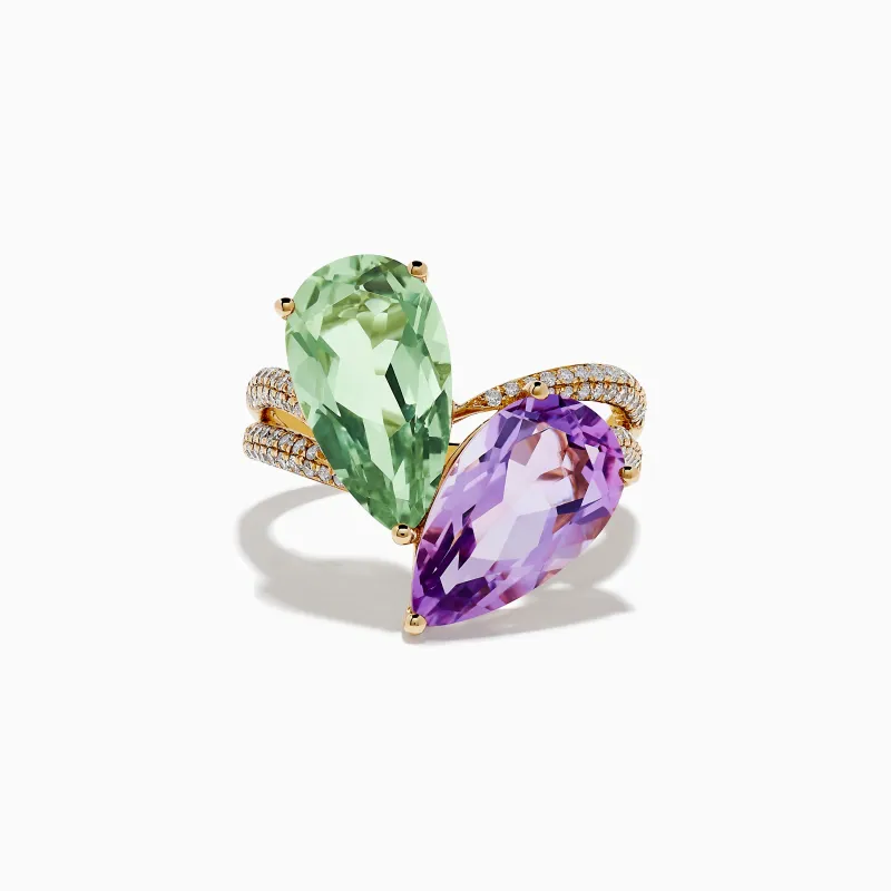 14K Gold Diamond, Pink and Green Amethyst Toi Et Moi Ring sold by Effy