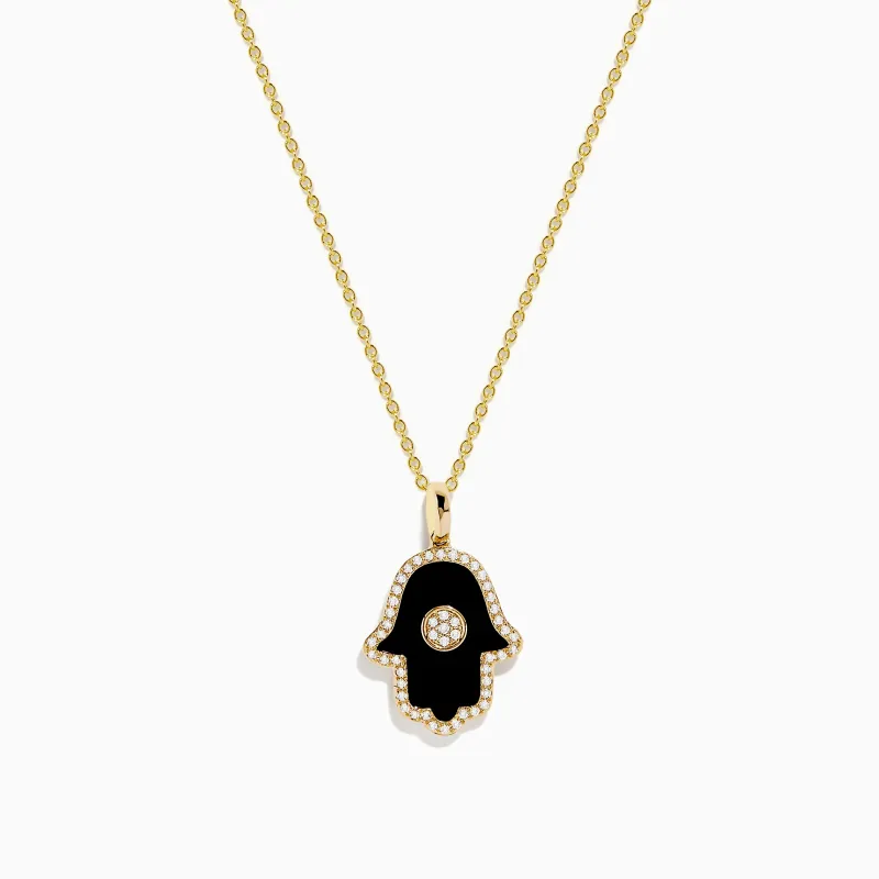 Novelty 14K Yellow Gold Onyx and Diamond Hamsa Pendant sold by Effy