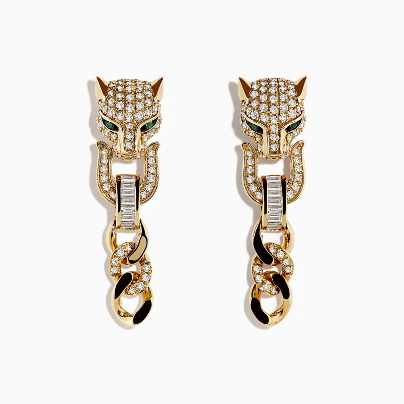 Signature 14K Yellow Gold Diamond and Emerald Panther Earrings sold by Effy