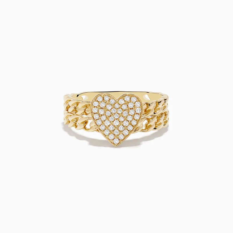 Novelty 14K Yellow Gold Pave Diamond Heart Chain Link Ring sold by Effy