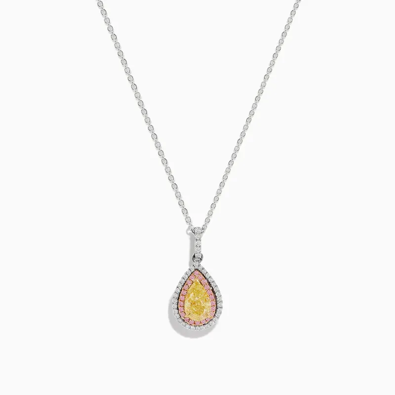 18K Three Tone Gold Pear Shaped Yellow Diamond and Pink Diamond Halo Pendant sold by Effy