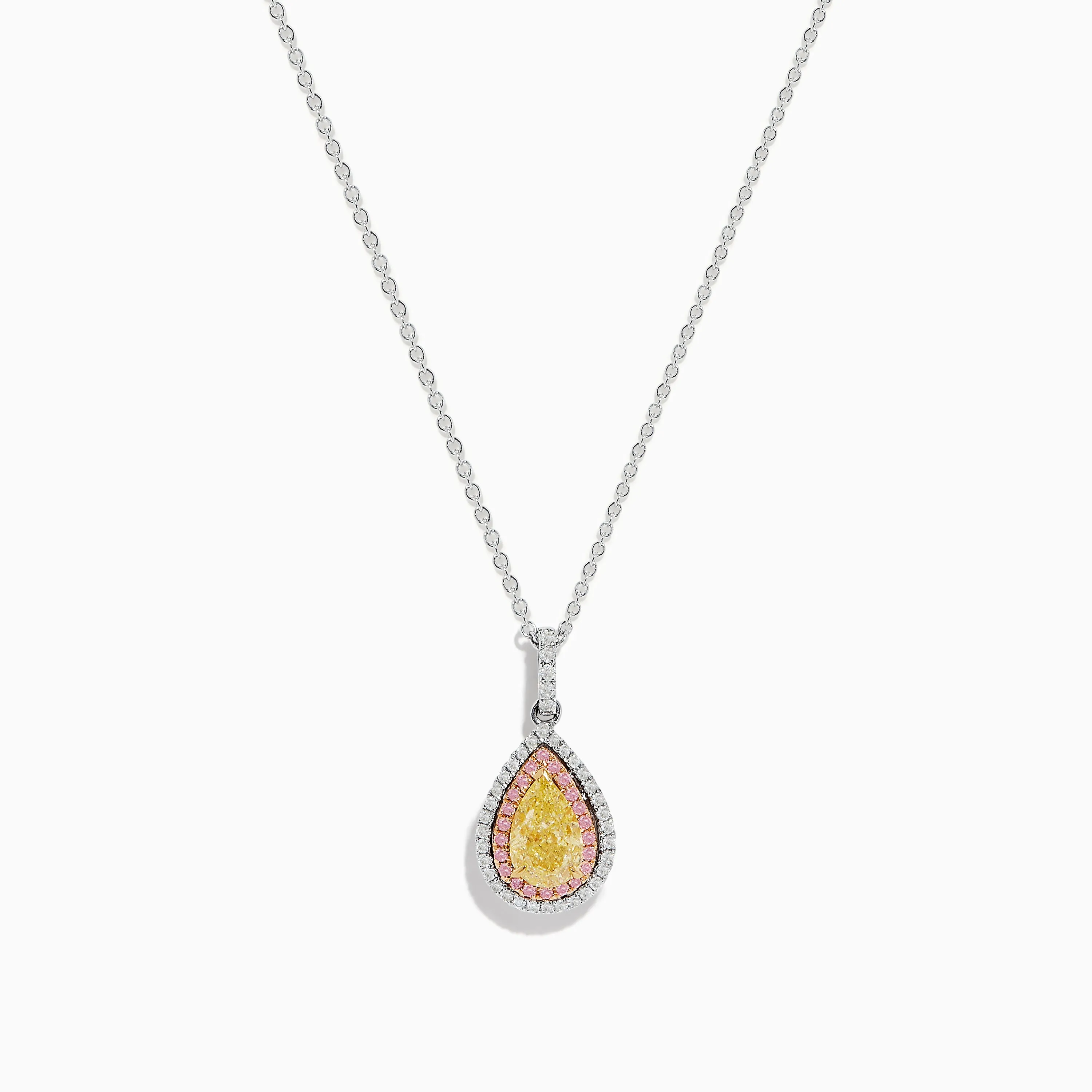 18K Three Tone Gold Pear Shaped Yellow Diamond and Pink Diamond Halo Pendant sold by Effy