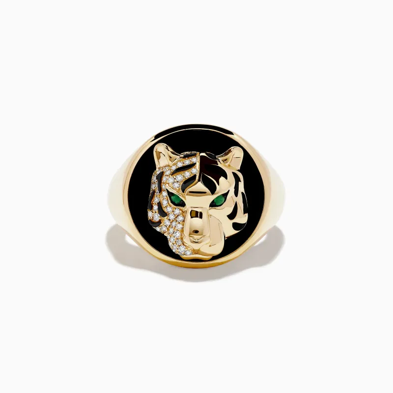 Men's 14K Yellow Gold Emerald, Onyx and Diamond Tiger Ring sold by Effy