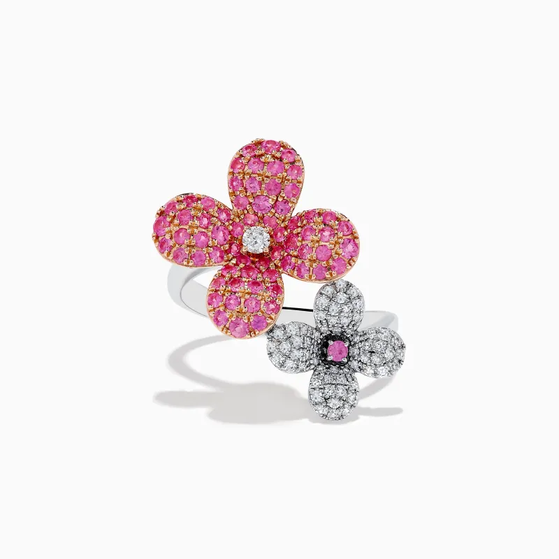 Nature 14k Two Tone Gold Pink Sapphire and Diamond Flower Ring sold by Effy