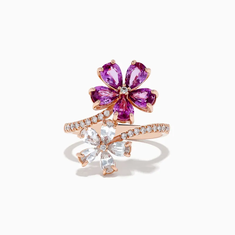 Nature 14k Rose Gold Pink and White Sapphire Flower Diamond ring sold by Effy