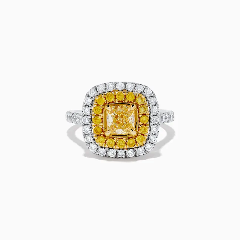 Canare 14k Two Tone Gold Cushion Cut Double Halo Yellow Diamond Ring 1.86 TCW sold by Effy