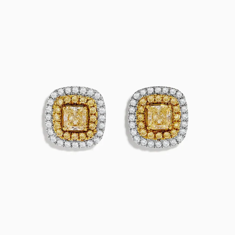 Canare 14k Two Tone Gold Cushion Halo Yellow Diamond Stud Earrings 2.34 TCW sold by Effy