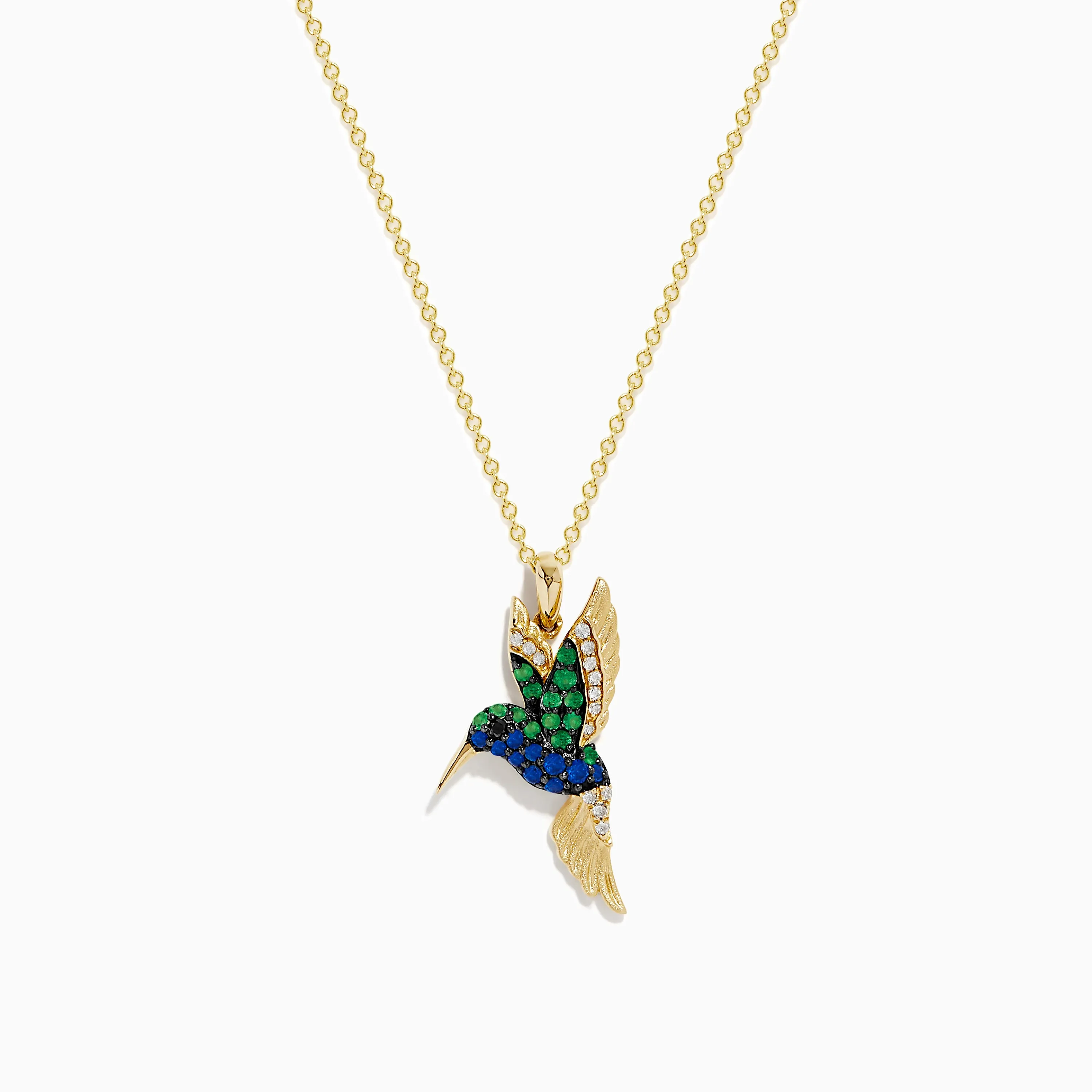 Safari 14k Yellow Gold Emerald and Sapphire Humming Bird Pendant sold by Effy