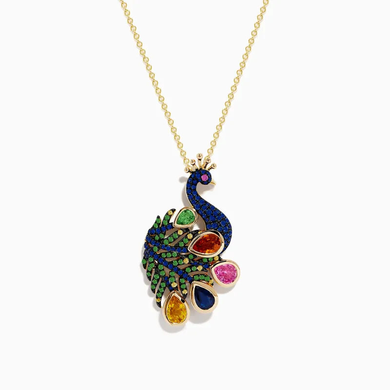 Safari 14k Yellow Gold Multi Sapphire Peacock Pendant sold by Effy
