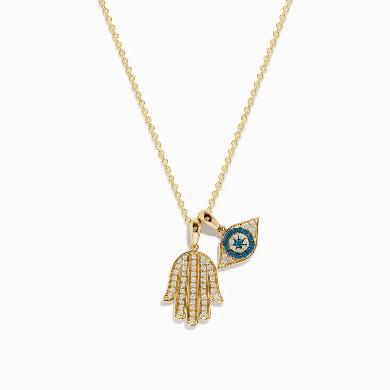 Novelty 14K Yellow Gold White and Blue Diamond Hamsa & Evil Eye Pendant sold by Effy