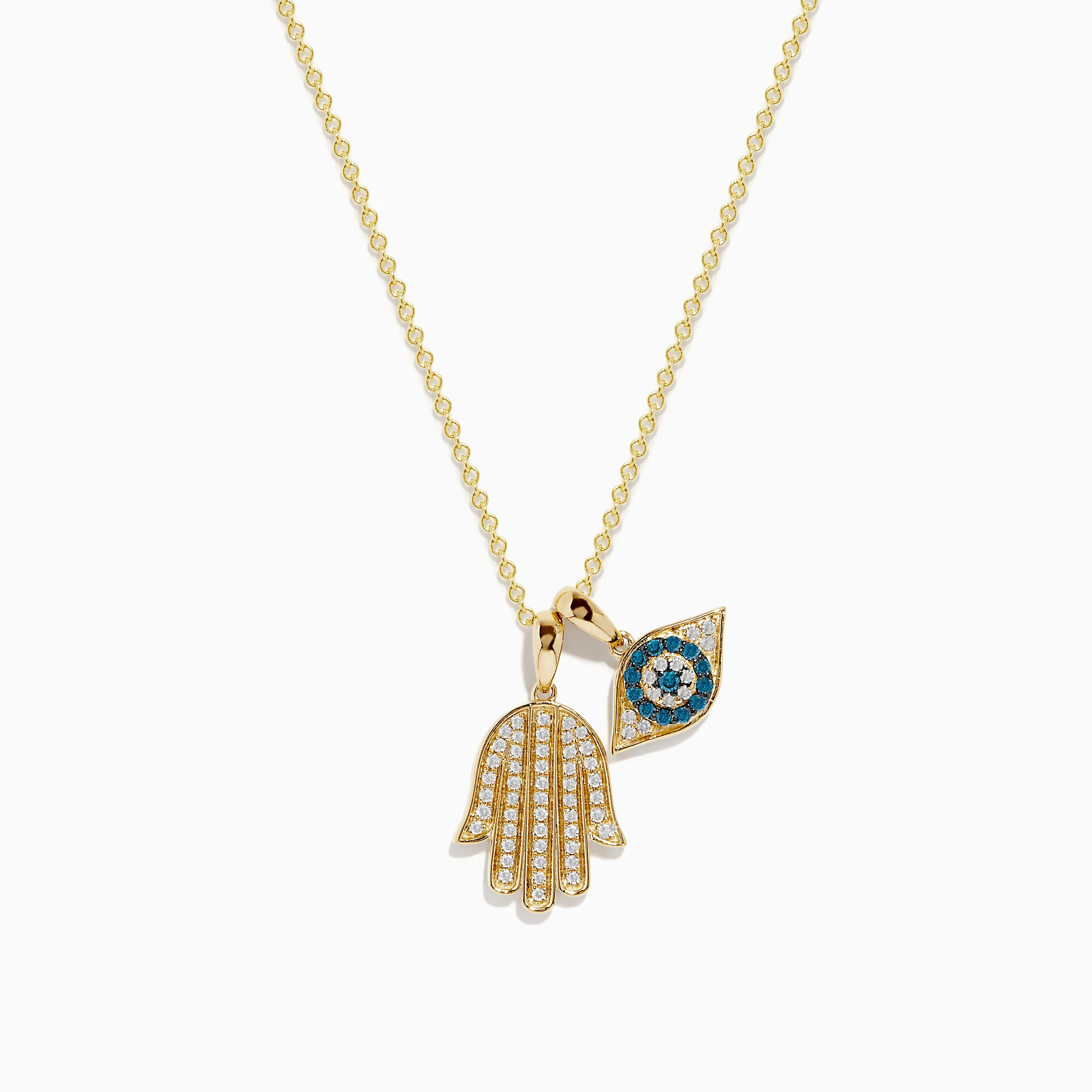 Novelty 14K Yellow Gold White and Blue Diamond Hamsa & Evil Eye Pendant sold by Effy