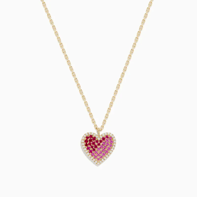 14K Yellow Gold Pink Sapphire, Ruby and Diamond Heart Pendant sold by Effy