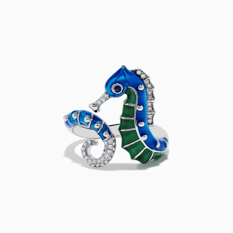 Seaside 14K White Gold Blue Sapphire and Diamond Seahorse Ring sold by Effy