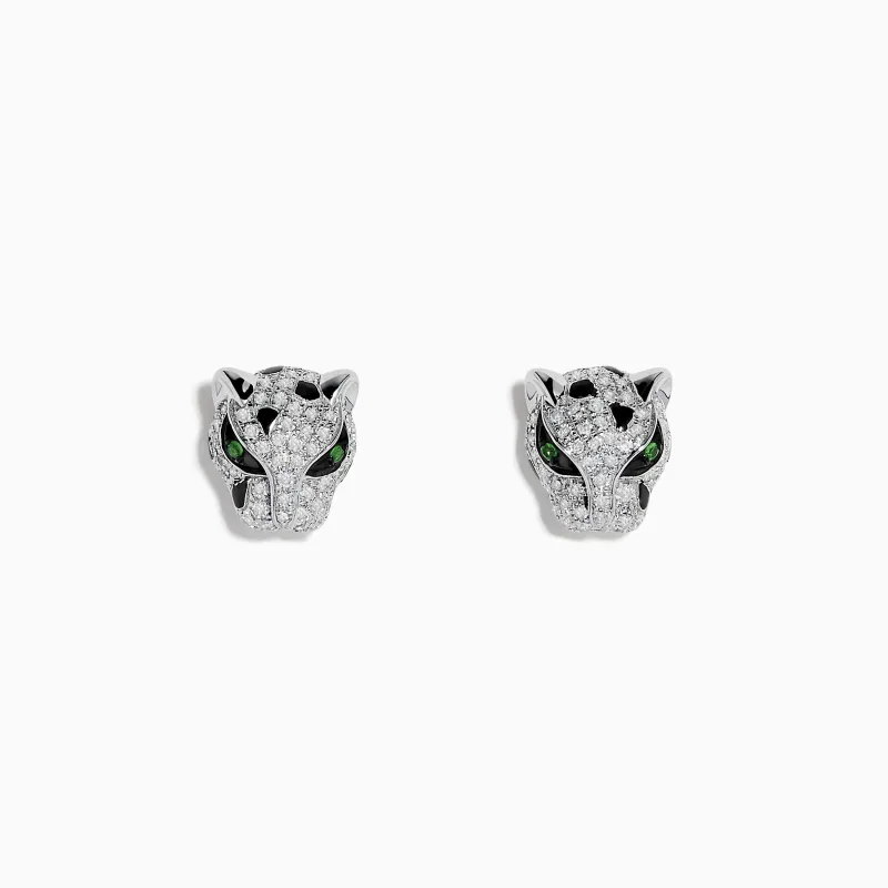 Signature 14K White Gold Tsavorite and Diamond Panther Stud Earrings sold by Effy