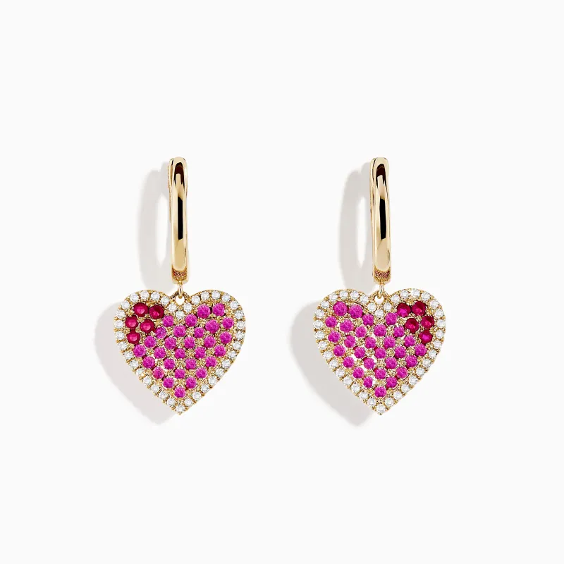 Novelty 14K Yellow Gold Ruby, Pink Sapphire and Diamond Heart Earrings sold by Effy