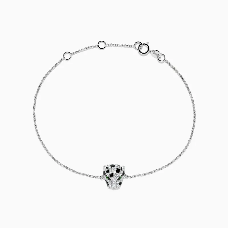 Signature 14K White Gold Diamond and Emerald Panther Bracelet sold by Effy