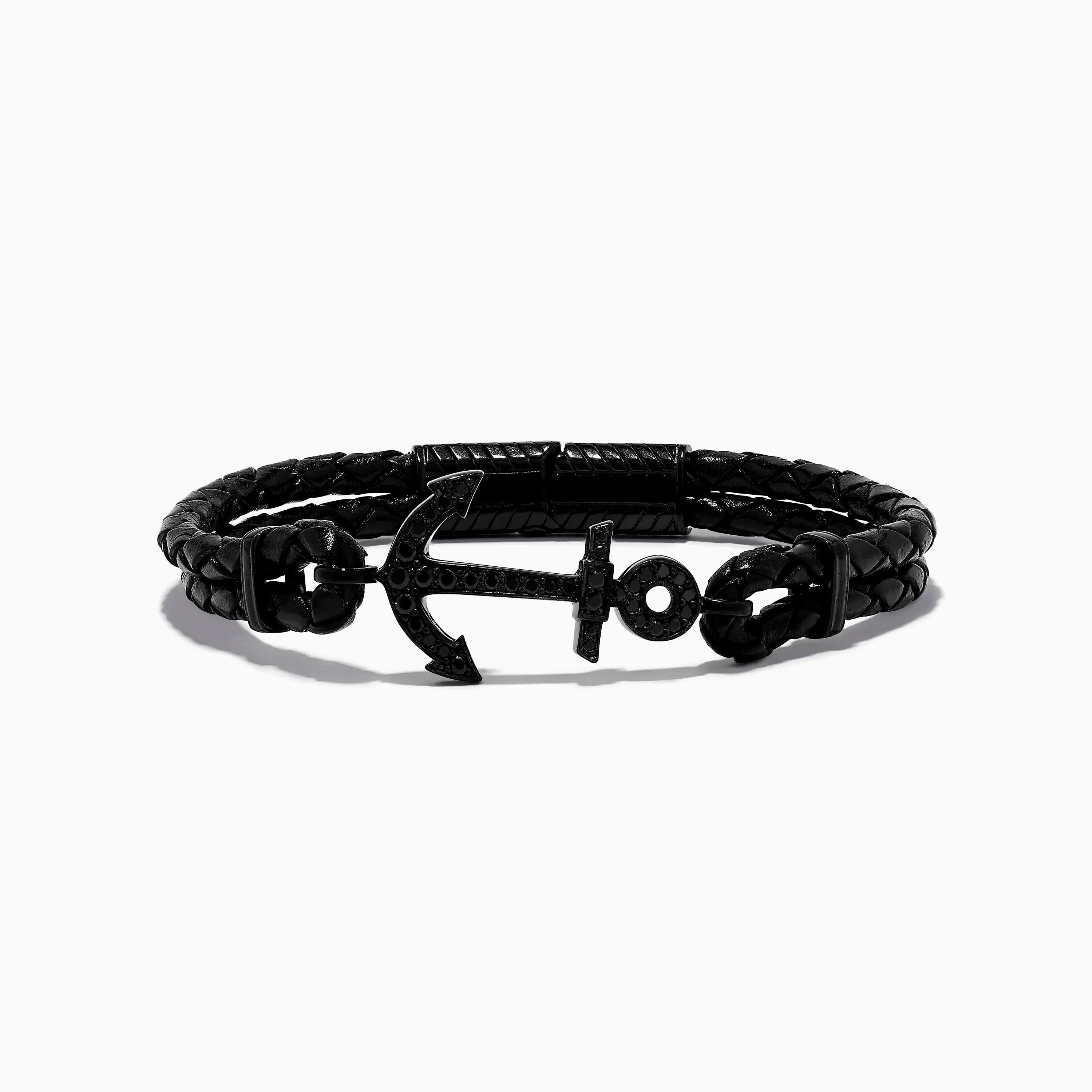 Men's 925 Sterling Silver Black Spinel Anchor Leather Bracelet sold by Effy