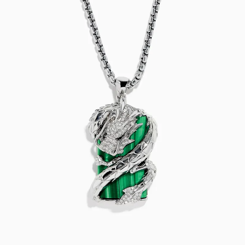 Men's 925 Sterling Silver Malachite and Diamond Dragon Pendant sold by Effy