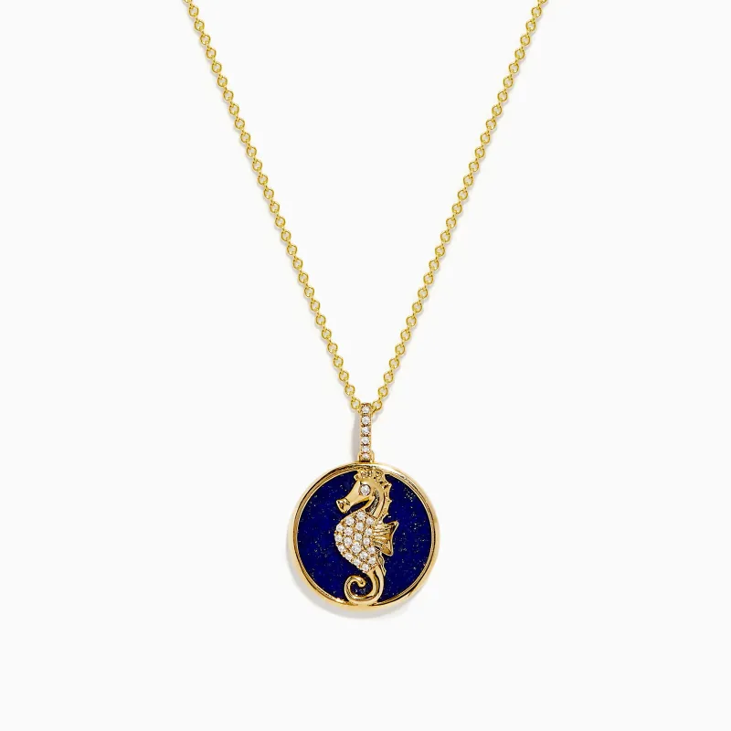 Seaside 14K Gold Lapis and Diamond Seahorse Pendant sold by Effy