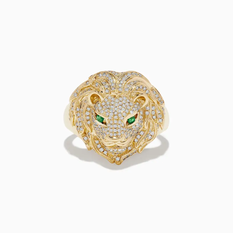 Men's 14K Yellow Gold Emerald and Diamond Lion Ring sold by Effy