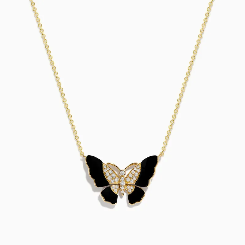 Nature 14K Yellow Gold Onyx and Diamond Butterfly Necklace sold by Effy