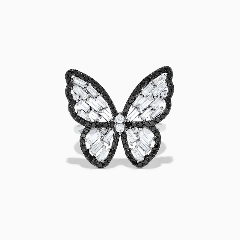 Nature 14K White Gold Black and White Diamond Butterfly Ring sold by Effy