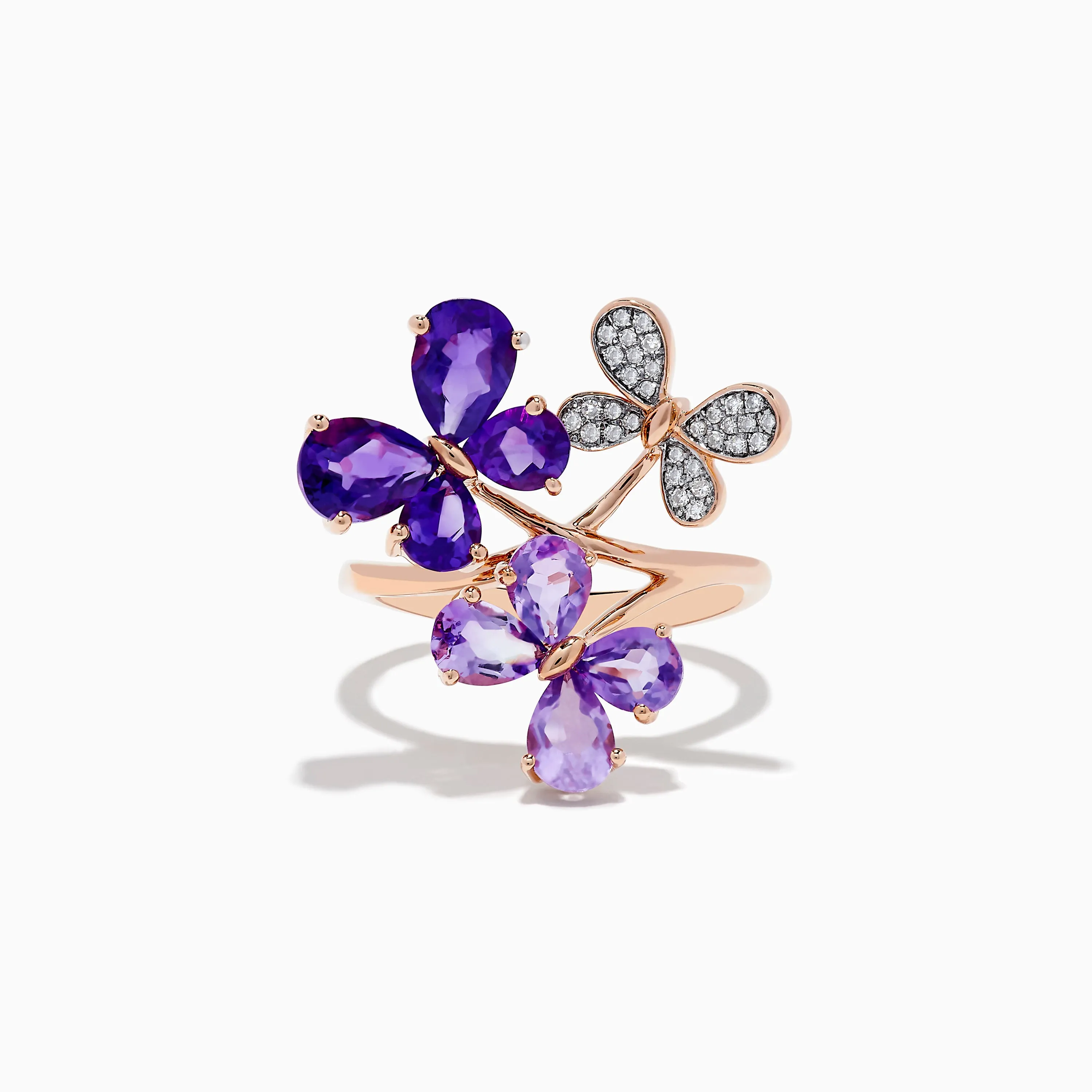 14K Rose Gold Amethyst and Diamond Multi-Butterfly Ring sold by Effy