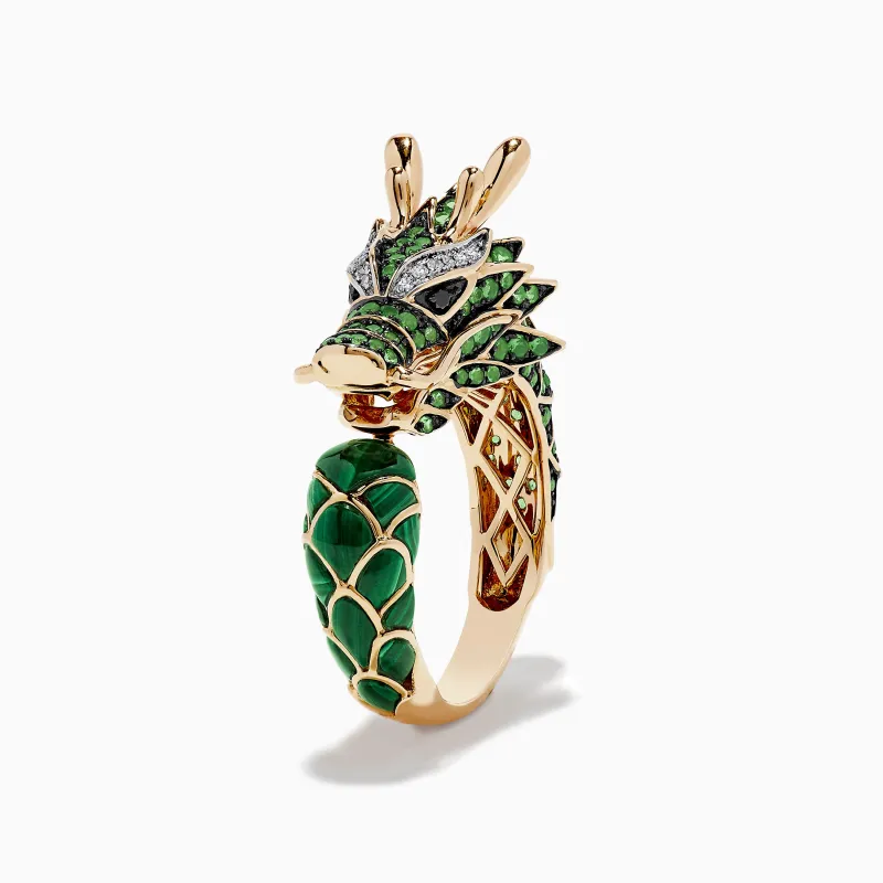 Men's 14K Yellow Gold Diamond, Tsavorite and Malachite Dragon Ring sold by Effy