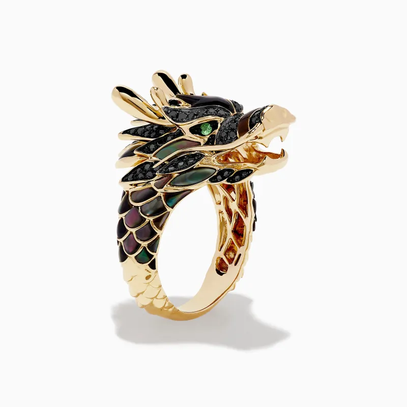 Men's 14K Yellow Gold Tsavorite and Black Diamond Dragon Ring sold by Effy