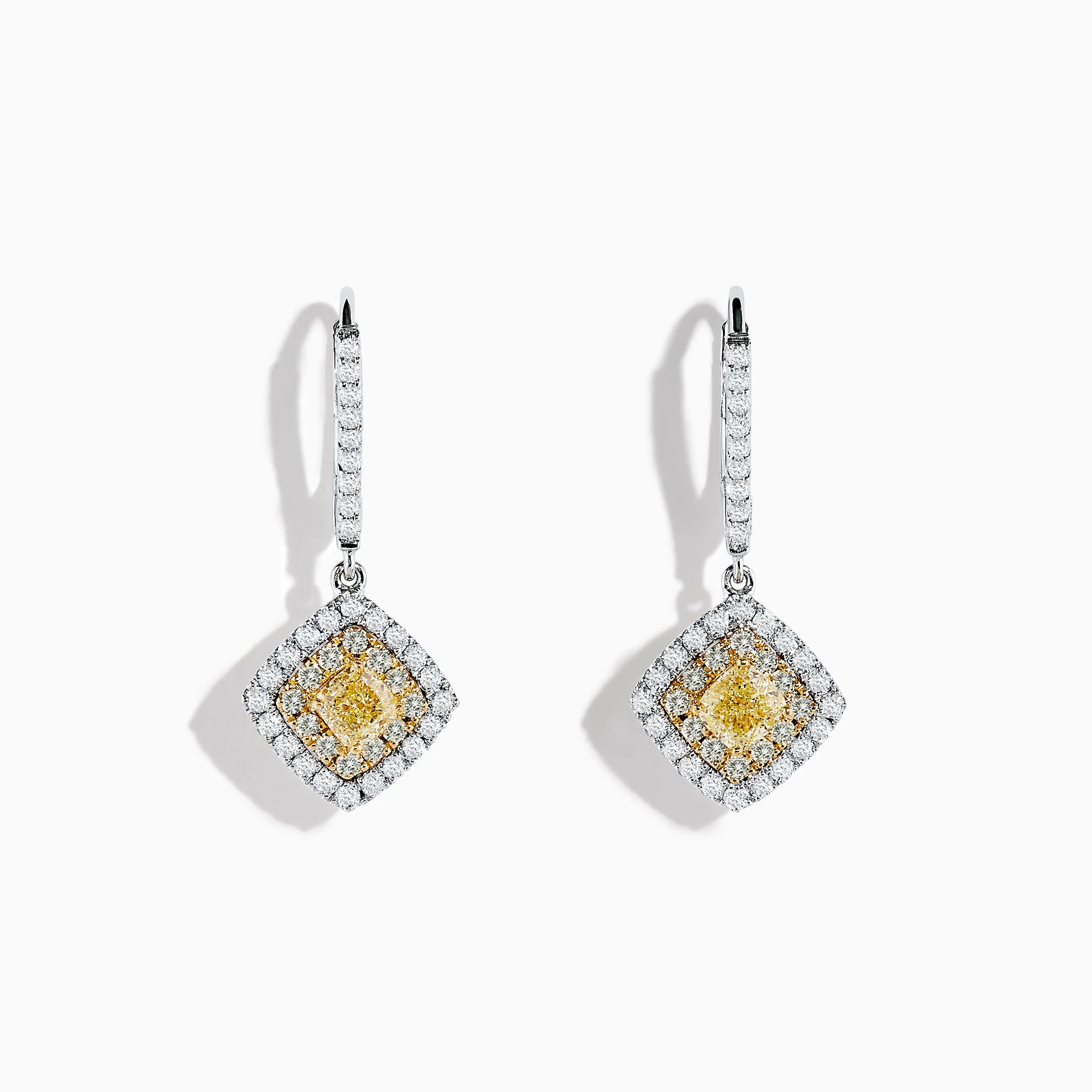 Canare 18K Two-Tone Gold Cushion Shaped Double Halo Yellow Diamond Drop Earrings sold by Effy