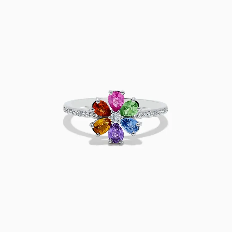 Watercolors 14K White Gold Diamond and Multi Sapphire Flower Ring sold by Effy
