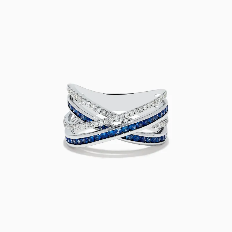 14K White Gold Blue Sapphire and Diamond Crossover Ring sold by Effy
