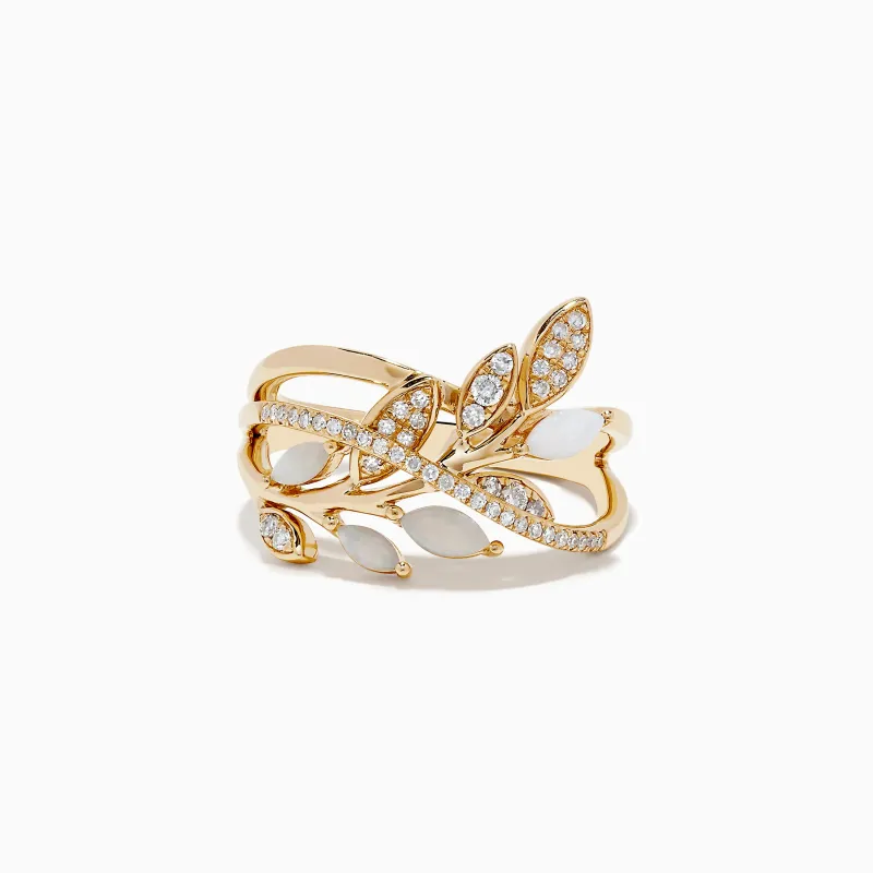 Aurora 14K Yellow Gold Opal and Diamond Leaf Ring made by Effy