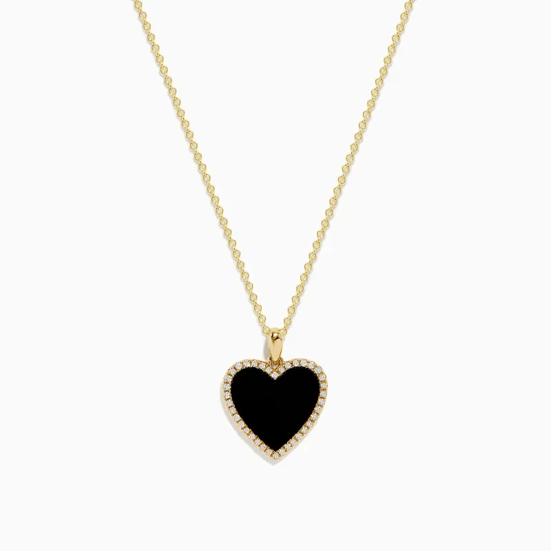 14K Yellow Gold Onyx and Diamond Heart Pendant sold by Effy