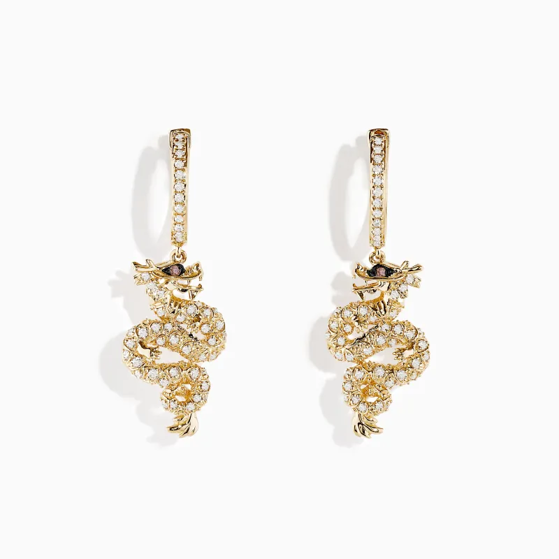 Safari 14K Yellow Gold Espresso and White Diamond Dragon Earrings made by Effy