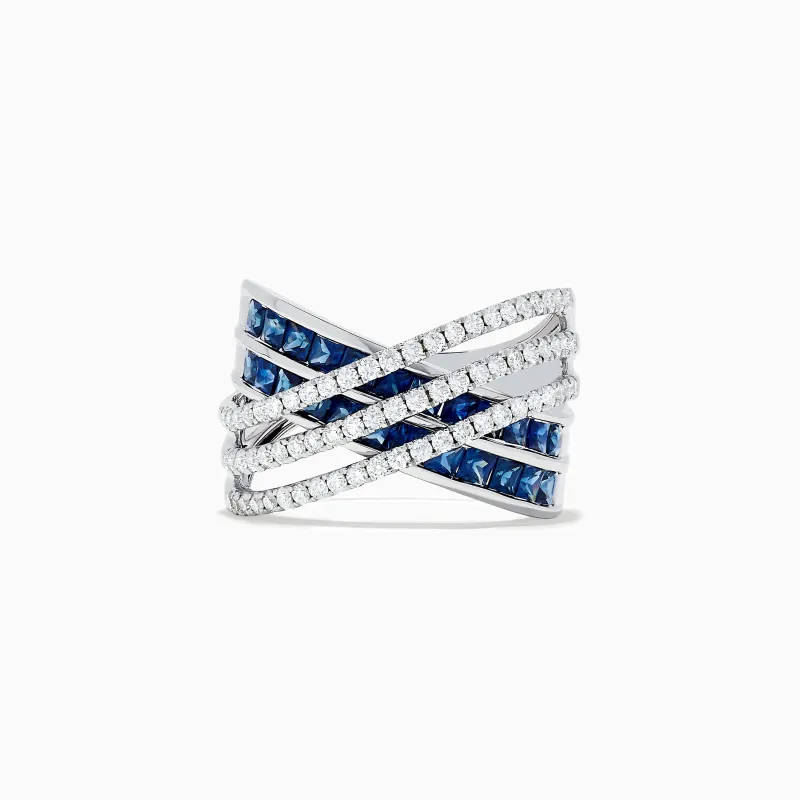 14K White Gold Blue Sapphire and Diamond Criss Cross Ring sold by Effy