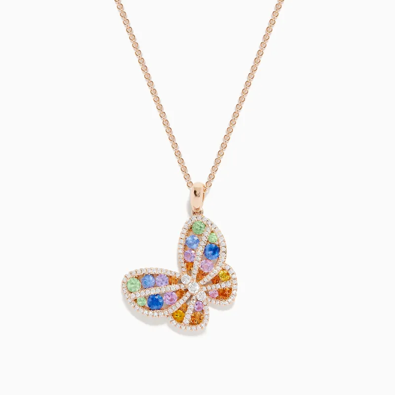 Watercolors 14K Rose Gold Multi Sapphire and Diamond Butterfly Pendant sold by Effy
