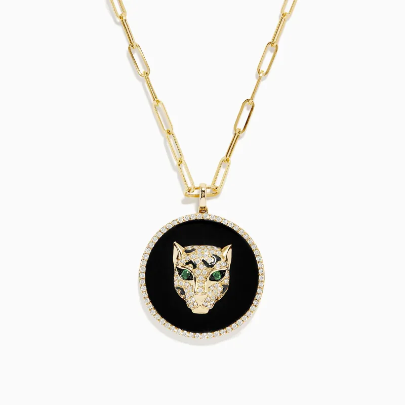 Signature 14K Yellow Gold Onyx, Emerald and Diamond Coin Pendant sold by Effy