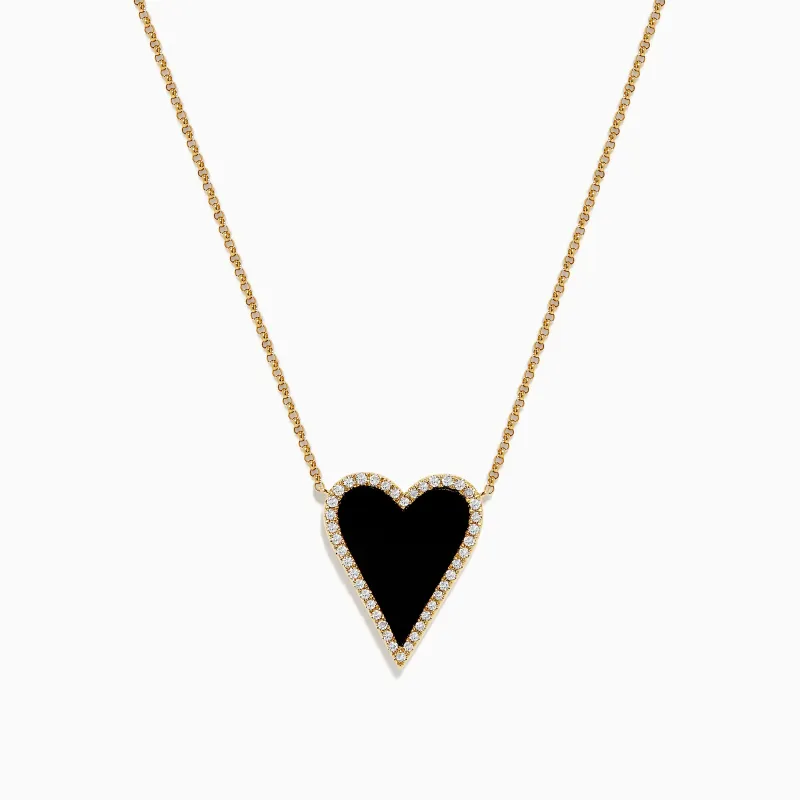 Novelty 14K Yellow Gold Onyx and Diamond Elongated Heart Pendant sold by Effy