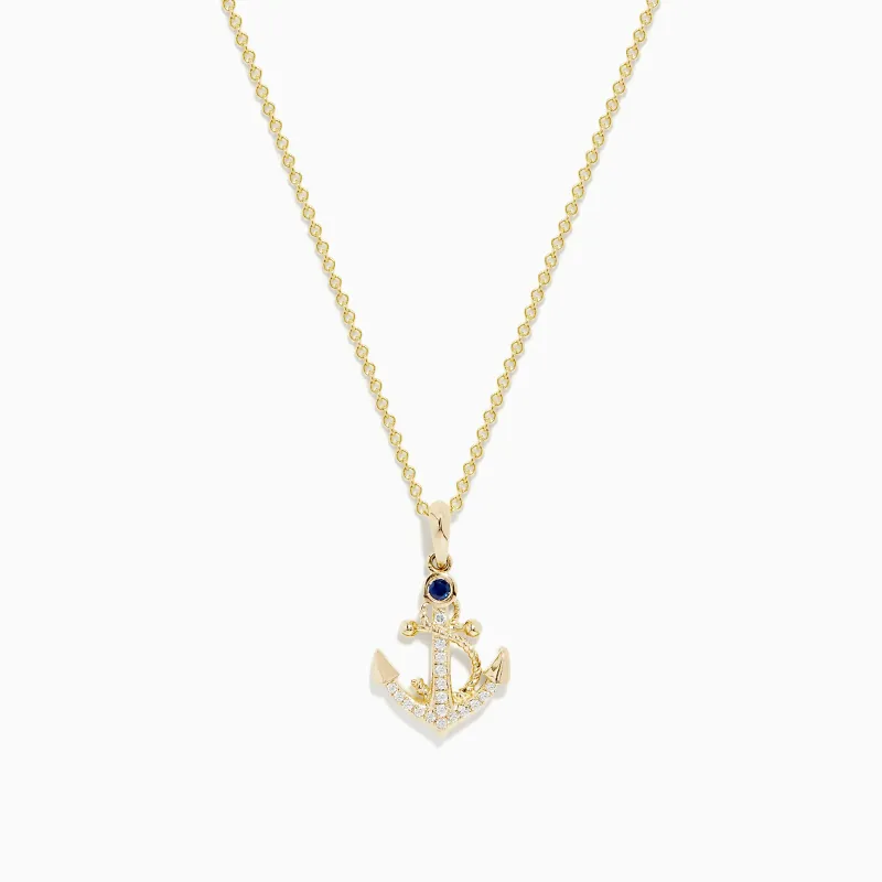 Seaside 14K Yellow Gold Diamond and Sapphire Anchor Pendant sold by Effy