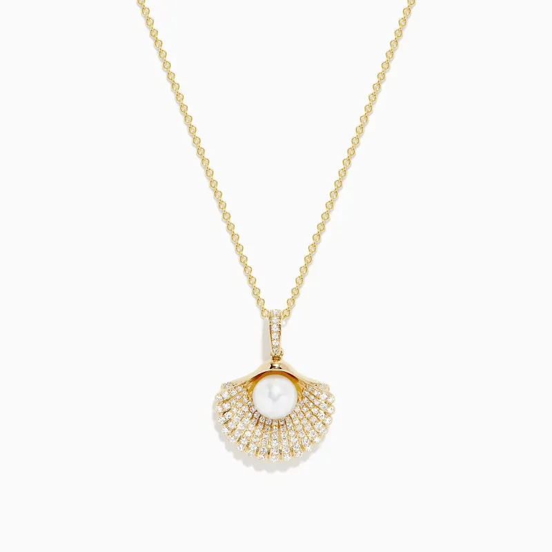 14K Yellow Gold Pearl and Diamond Shell Necklace sold by Effy
